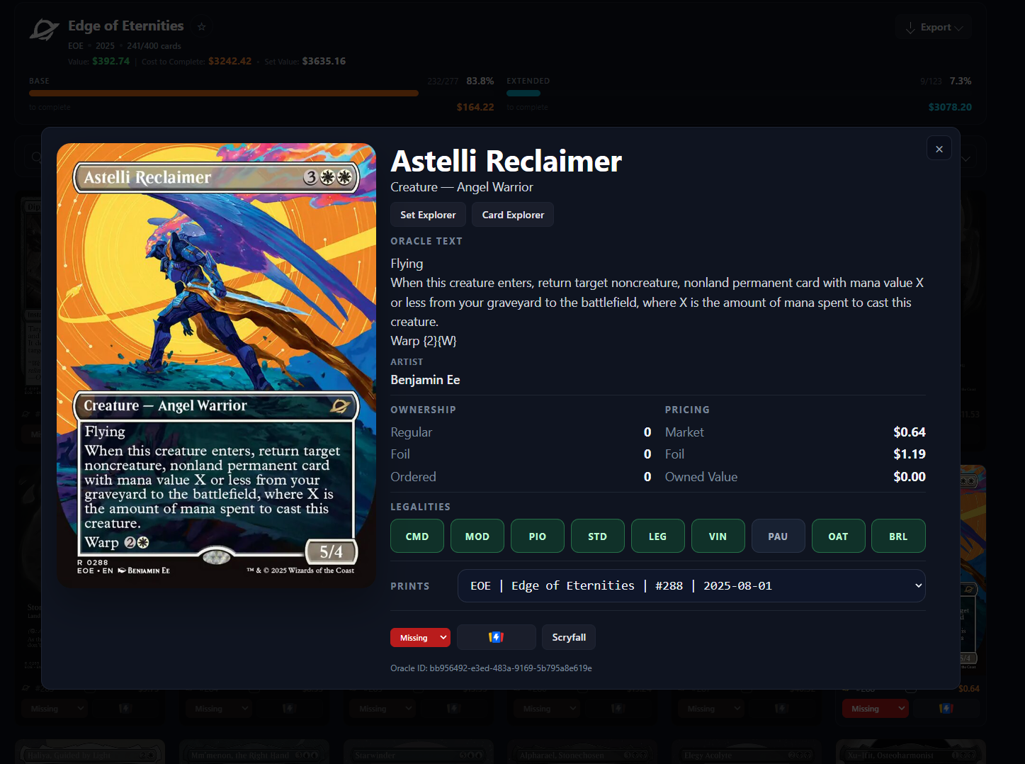 Card details modal showing a large card image, oracle text, legality, and pricing