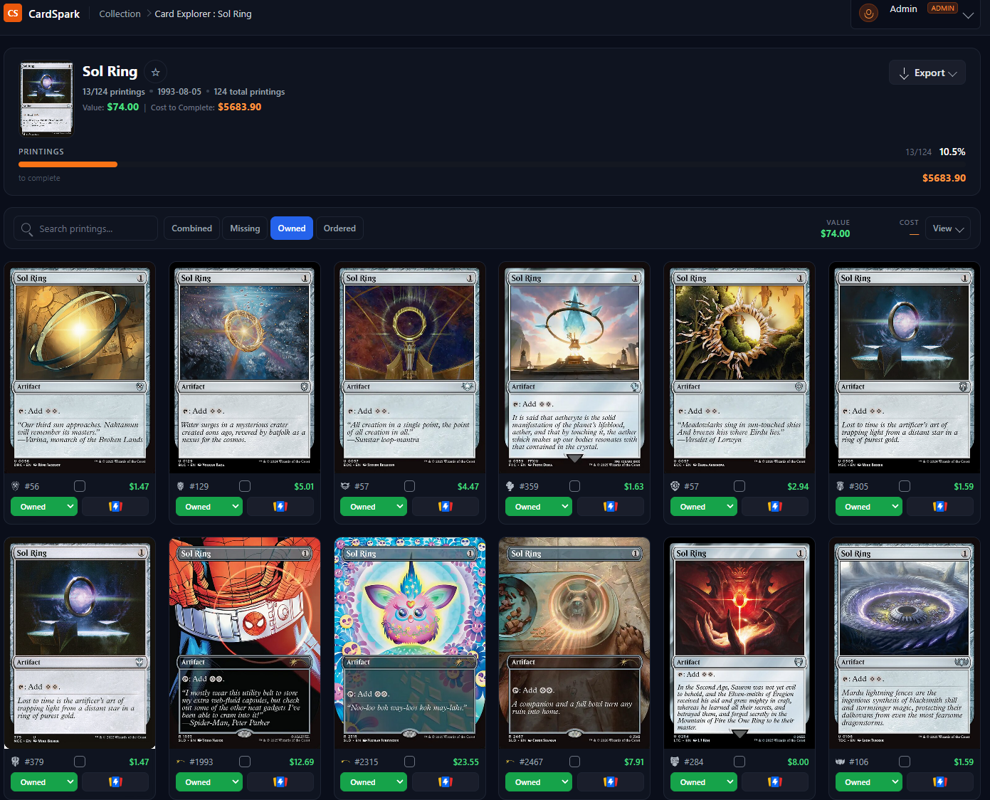 Card Explorer showing multiple printings of Sol Ring with ownership and value information