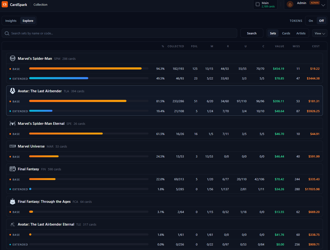 Collection Explore table listing sets with base and extended completion percentages