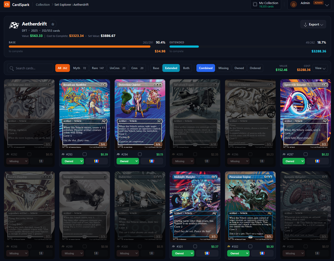 CardSpark dashboard insights view with completion, rarity, and collection value summaries