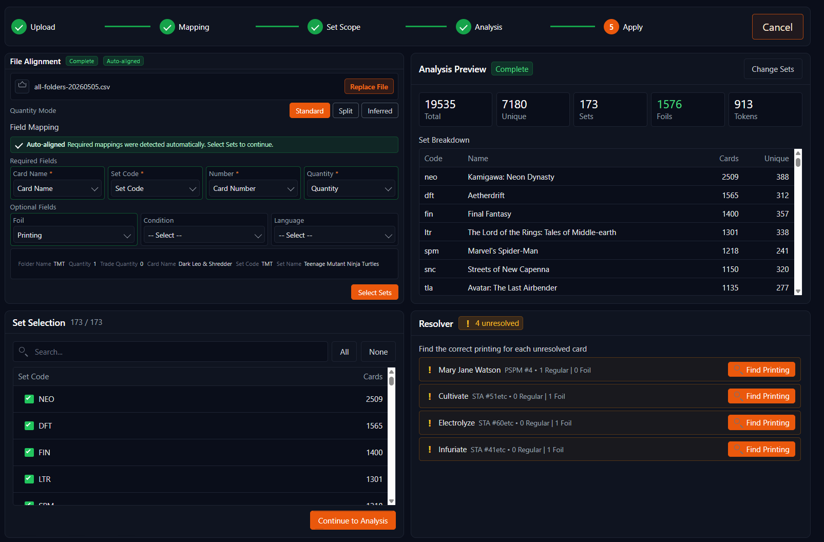Full import workflow with file alignment, field mapping, set selection, analysis preview, unmatched-card review, and apply actions