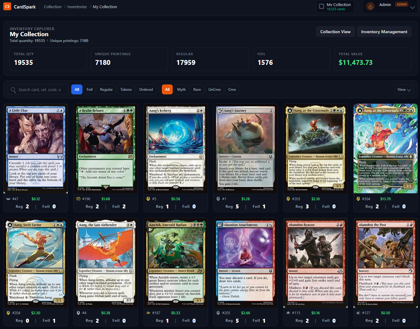 Inventory Explorer with quantity summaries, filters, and inventory card tiles