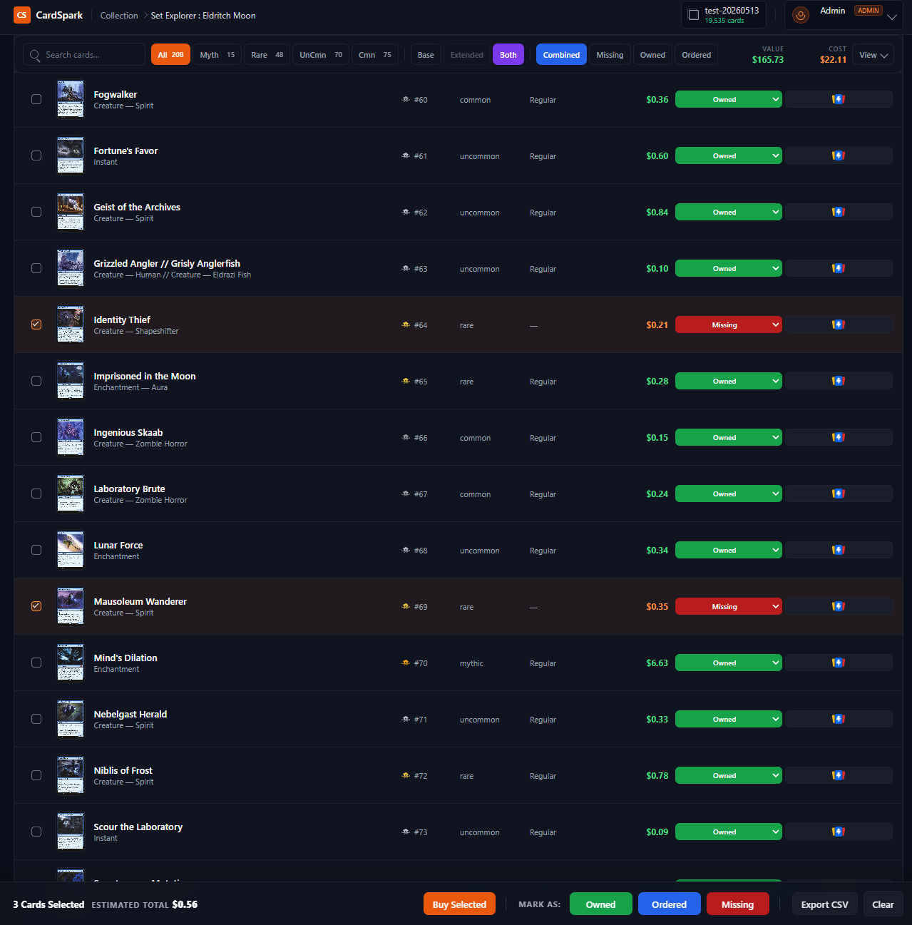 Marketplace-integrated card grid with owned and missing states visible