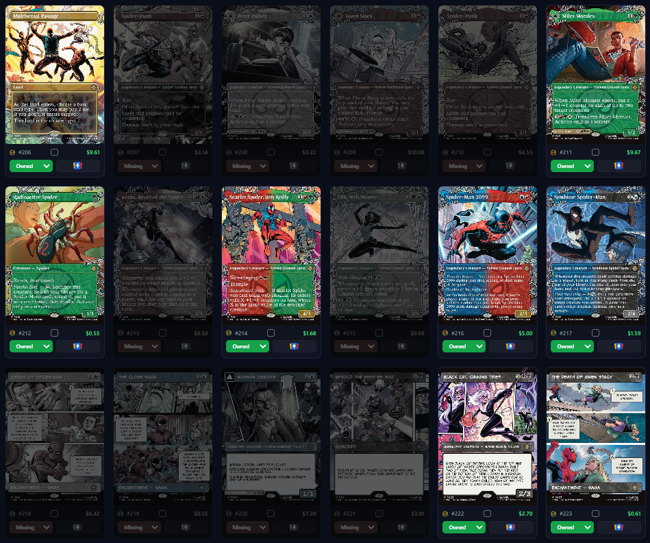 Missing-card table view with selected rows, buy controls, and ownership states