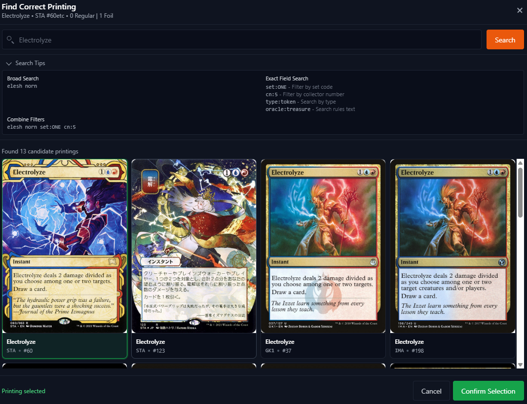 Resolver modal showing likely printing matches for an unmatched import row