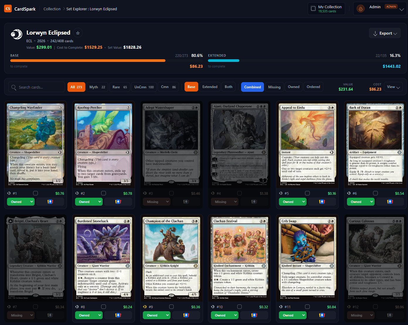 Set Explorer with progress bars, filter chips, and a card grid for a single set