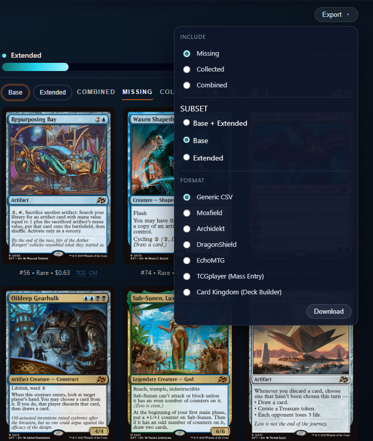 Export dropdown with marketplace export options