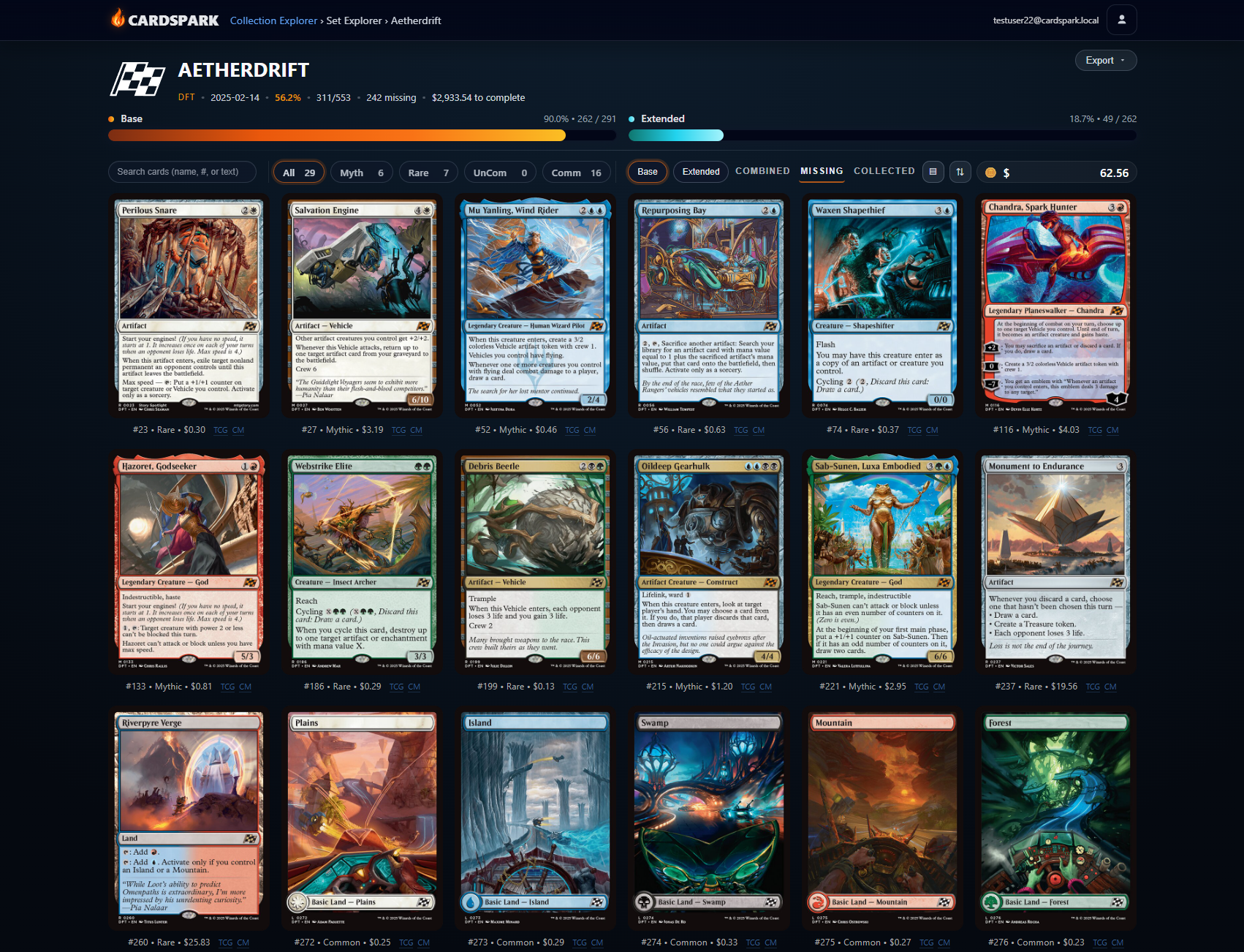 Missing cards view with search and filters